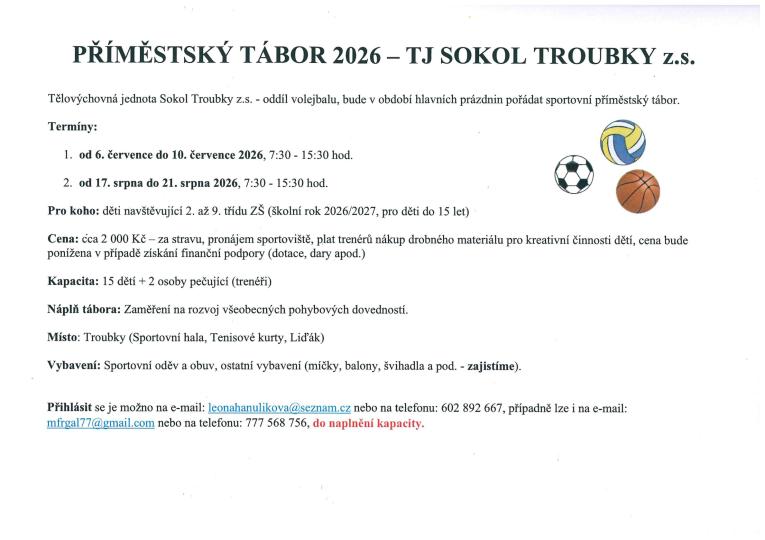 Příměstský tábor 2026 - TJ Sokol Troubky